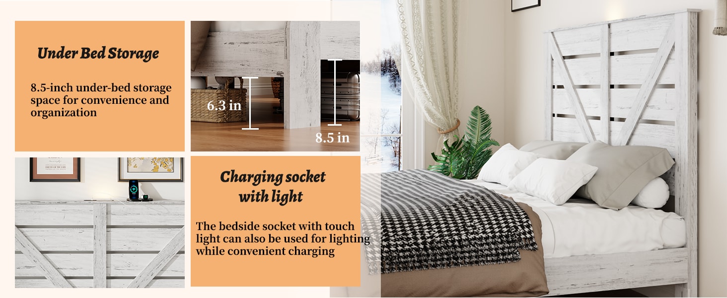 Queen Bed Frame Headboard , Wood Platform Bed Frame , Noise Free,No Box Spring Needed And Easy Assembly Tool,Large Under Bed Storage,White_voghion.com